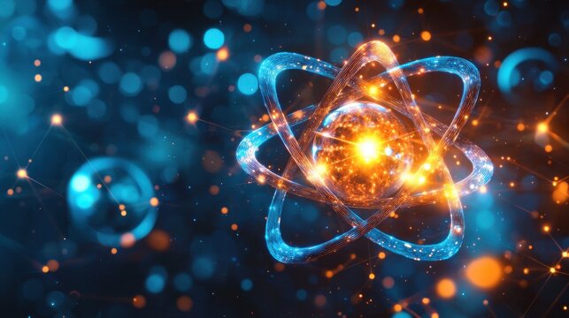 Atomic orbital structures with luminous electron shells circling glowing nucleus showing quantum mechanics energy waves and particle interactions in blue and orange light