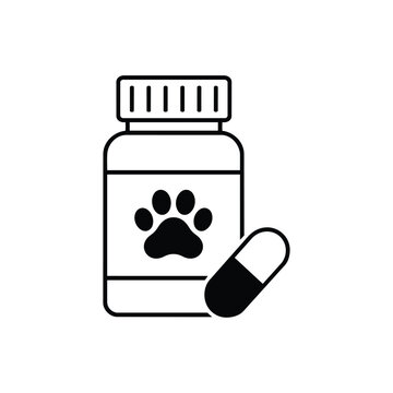 Pet medicine bottle line icon with paw label and pill for veterinary clinic pharmacy, animal medication and treatment themes