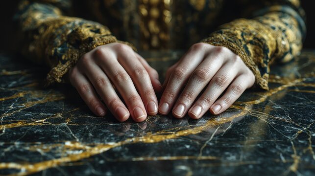 marble slab texture with hands resting on polished black surface featuring elegant gold veining and ornate golden sleeves