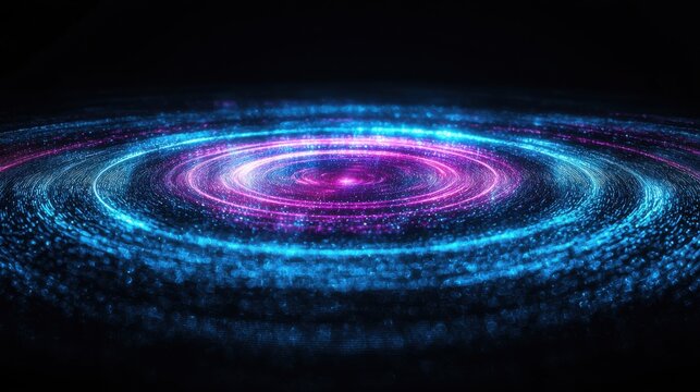 Electromagnetic pulse waves rippling through space creating concentric energy rings in brilliant electric blues and magenta with dynamic particle effects