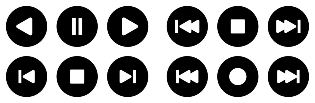 Media player control buttons icon set. Player, media, play, pause and playback icons for audio, video, music, streaming, multimedia interfaces, mobile apps, web UI, dashboards, software, vectors