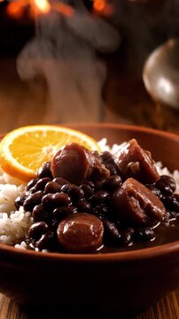 Ladle pouring hot Brazilian feijoada black bean stew with meat over white rice in a rustic bowl