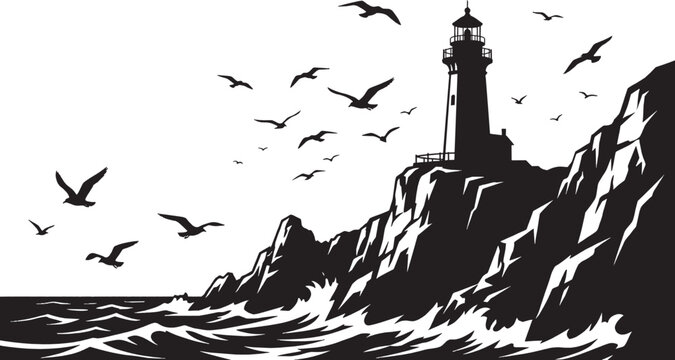 Black and white illustration of a lighthouse on a rocky cliff with seagulls flying