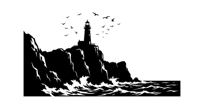 Black silhouette lighthouse on rocky cliff with waves and seagulls