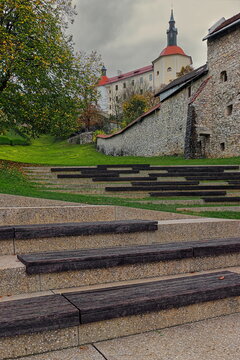 The 2017-laid stairs from the Zamorc playground and the Square Below the Castle up to the fortress, along the old city wall. Skofja Loka-Slovenia-148