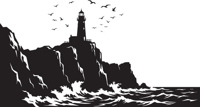 Black silhouette lighthouse on rocky cliff with waves and seagulls