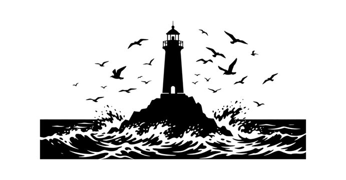 Black lighthouse icon with seagulls flying over ocean waves