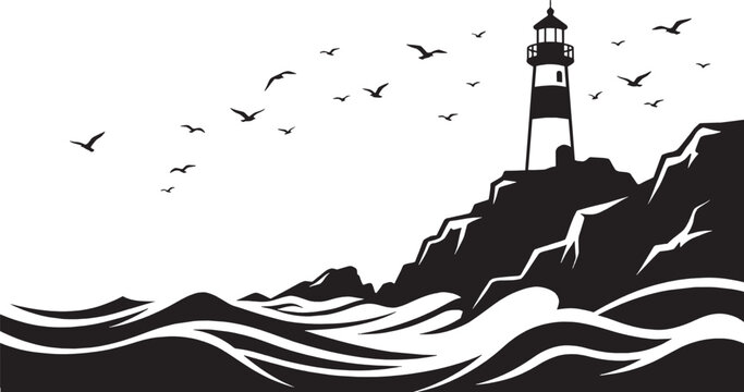 Black and white lighthouse on rocky cliff with sea waves and flying birds