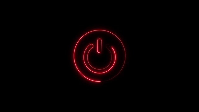 Glowing red neon power button animation on black background, energy electricity