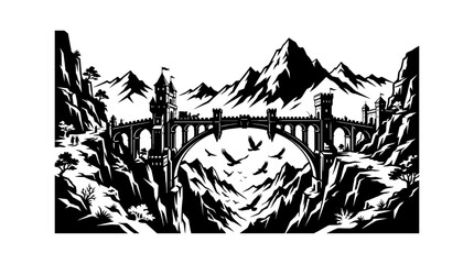 Obraz premium Black and white illustration of castle bridge with mountains