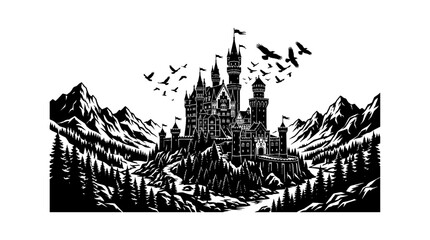 Black and white castle on a hill with birds flying overhead © MDHasibul