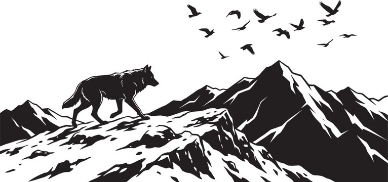 Wolf walking on snowy mountain with birds flying