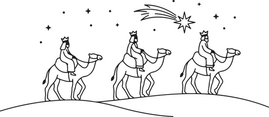 Naklejka premium Three wise men riding camels following a bright star