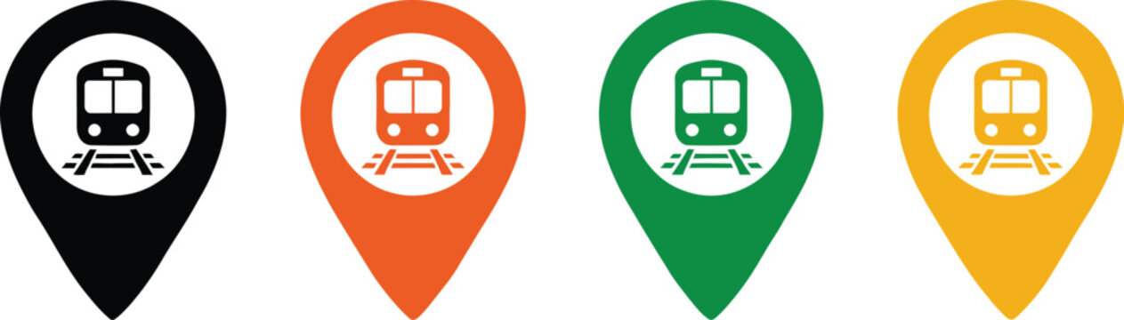 Railway location icons, train map pins, public transport symbols, station markers, rail navigation and travel guidance graphics globally