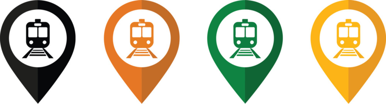 Train location, pin icons, railway map markers, rail transport symbols, station navigation, public transit, travel guidance and transportation graphics worldwide