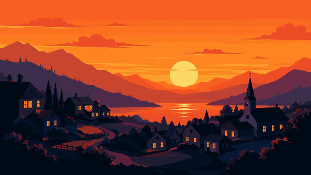 Sunset village silhouette with dark houses and orange sky, village, sunset, houses, silhouette, landscape, orange, mountains,
