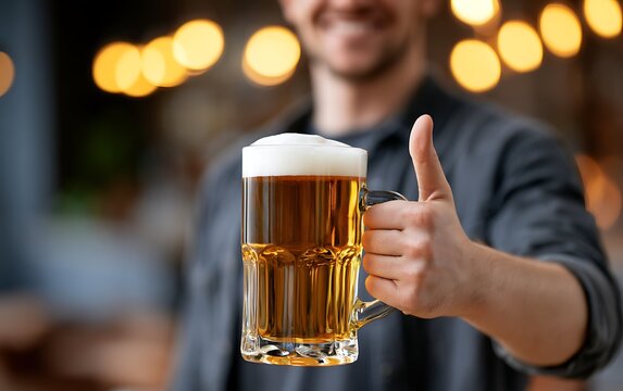 Happy man celebrating Oktoberfest festival with a large mug of draft beer