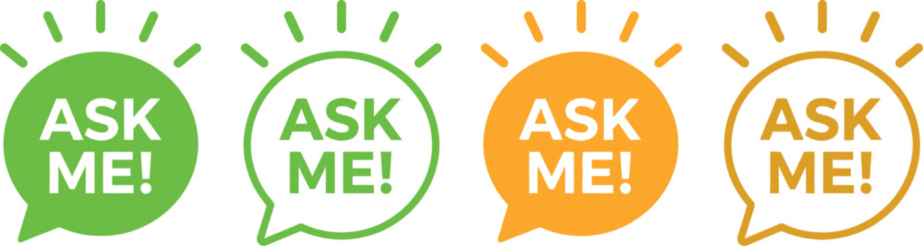 Set of colorful ask me speech bubble icons for customer support and communication concepts.