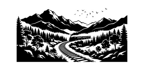 Fototapeta premium Black and white mountain landscape with winding road and trees