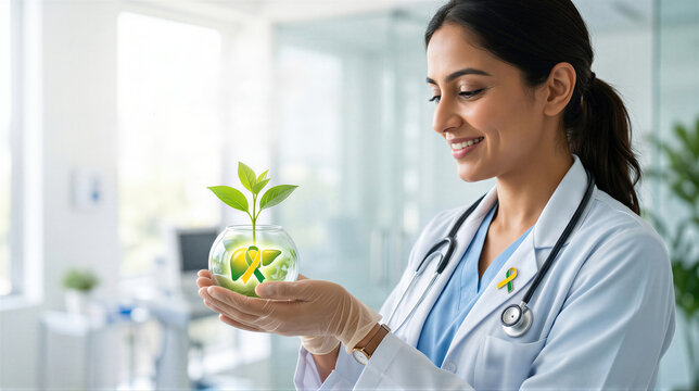 Woman doctor holding glass globe with green plant and liver symbol. Medical concept of organ health and recovery for World Hepatitis Day. Professional care and awareness campaign.