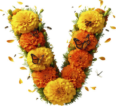 letra V, cempasuchil, catrinas, sombrero, garbanzera, flor, naranja, petalos, mariposas, corazon, craneo, calavera, catrin, velas, accesorios, ornamentos, elegante, decoraciones, objeto, celebraciones