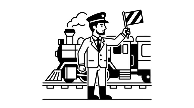 A train conductor standing beside a vintage locomotive holding a signal flag.