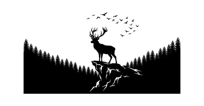 Deer stag silhouette standing on cliff with birds flying over forest