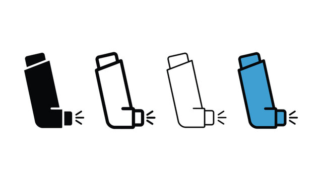 Four inhaler illustrations in varying colors and outlines against a white background depicting medical devices for respiratory relief