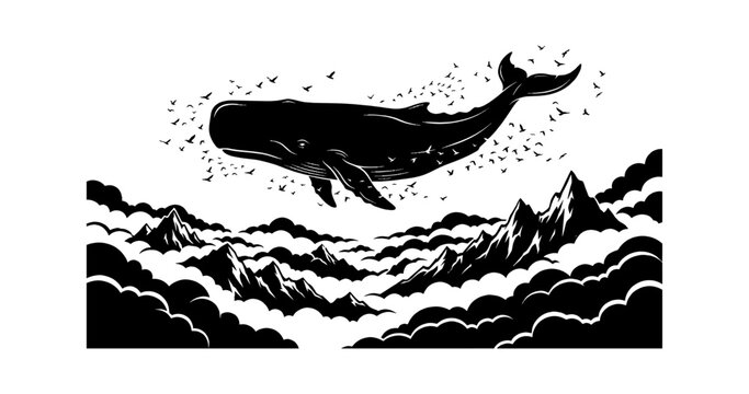 Black whale jumping out of ocean waves in pixel art style