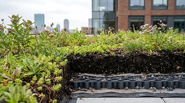 Green roof installation showing soil layers and urban skyline