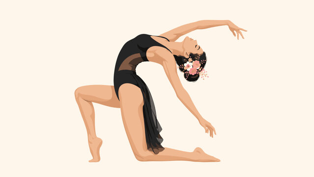 Acrobatic woman bending backward with floral head and black outfit, woman, acrobat, pose, body, flexible, flowers, black, pink,