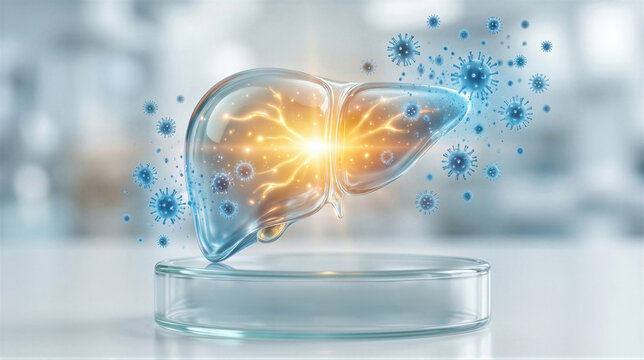 Human liver model surrounded by virus particles on a laboratory petri dish. Concept of liver disease, hepatitis and medical research for World Hepatitis Day healthcare awareness.