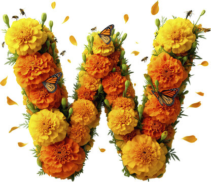 letra W, cempasuchil, catrinas, sombrero, garbanzera, flor, naranja, petalos, mariposas, corazon, craneo, calavera, catrin, velas, accesorios, ornamentos, elegante, decoraciones, objeto, celebraciones