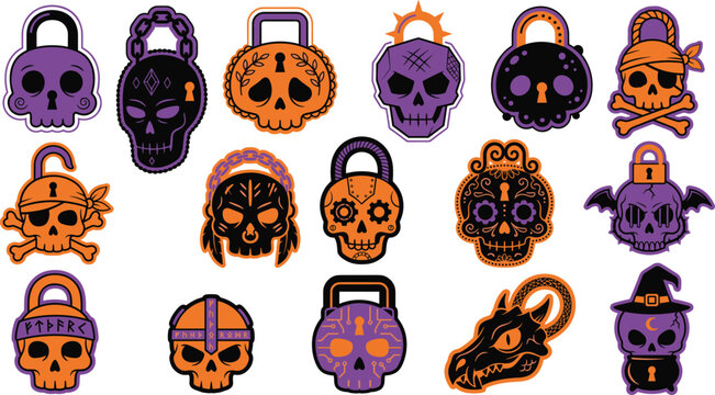 Halloween devil trident pitchfork vector set isolated on white background with orange purple and black colors