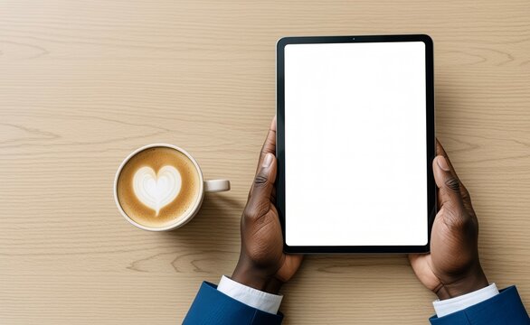 Hands Holding Tablet with Coffee on Wooden Desk for Digital Marketing