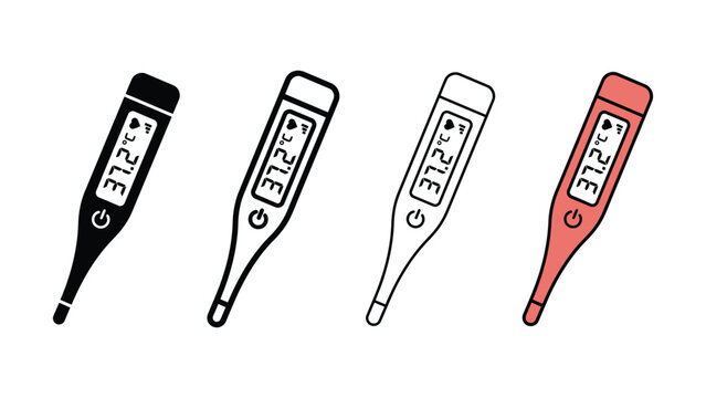 Four digital thermometers in varying colors showing 372 degrees celsius on a white background illustration