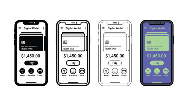 Digital wallet application interface line art set displaying transaction details and payment options on smartphone screens
