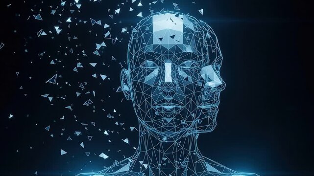 Digital human head made of wireframe mesh particles