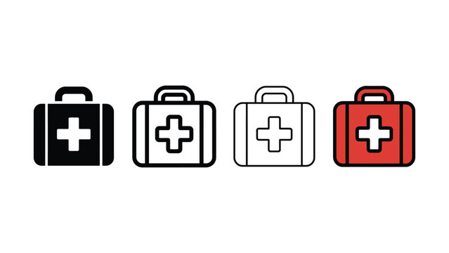 Four first aid kit flat icons in varying colors and outlines on a white background for medical concepts