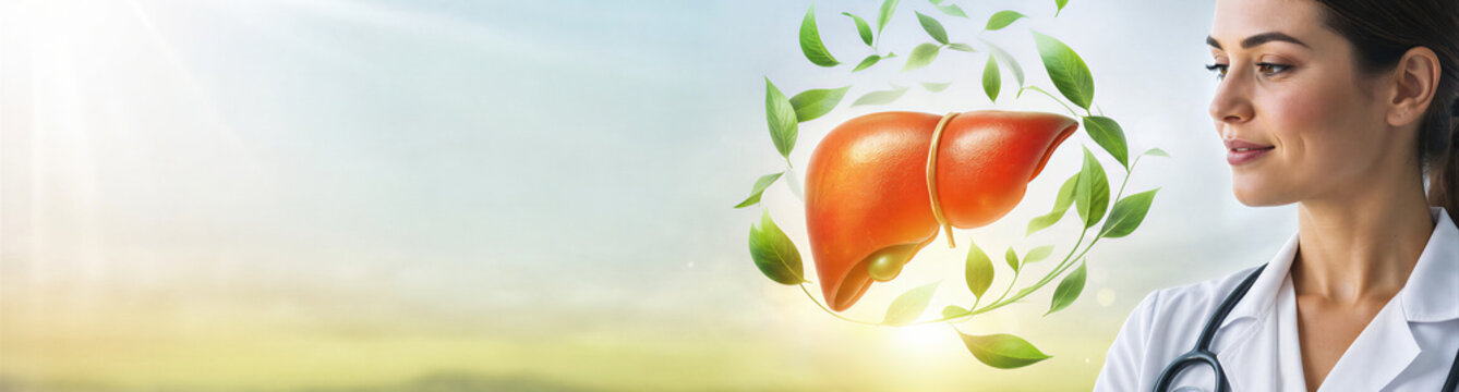 Woman doctor looking at a 3D hologram of a human liver surrounded by green leaves. World Hepatitis Day medical awareness concept. Banner with copy space