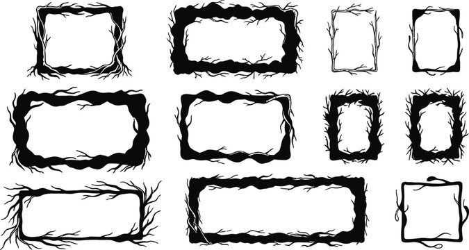 Black branch frames collection intricate twig borders for rustic designs and natural event invitations