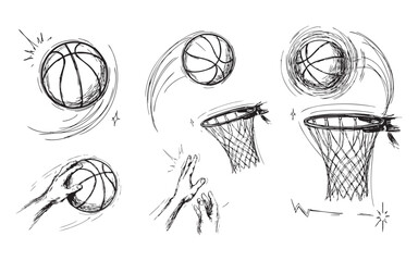 Basketball sketch elements set: ball, hoop, player hands. sport equipment hand drawn style. © Nuruzzaman