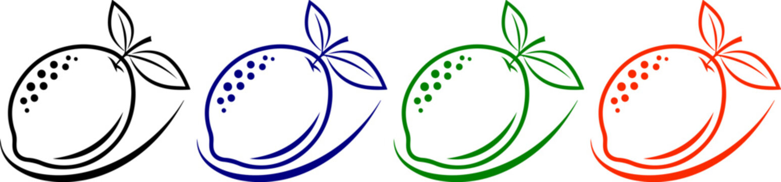 Lemon outline icon vector design. citrus fruit drawing. healthy food illustration with leaves and dots.