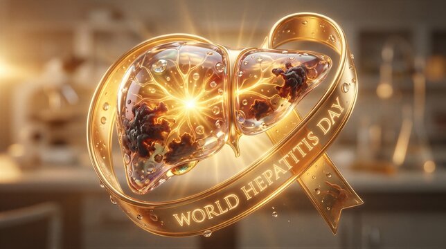 Golden anatomical liver surrounded by awareness ribbon. Medical illustration for World Hepatitis Day. Disease awareness, diagnostic symbol and diagnostic research concept for global health.