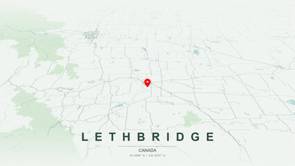 Modern minimalist vector map of Lethbridge, Alberta. High-quality scalable illustration of Lethbridge geographic boundaries, Oldman River valley and coulee networks for posters design. © AliRza