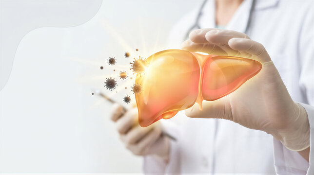 Doctor holding a holographic model of an infected liver. Medical professional examining viral damage to an organ. Concept of awareness for World Hepatitis Day and clinical analysis.