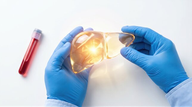 Doctor in blue gloves holding glowing human liver model next to blood test tube. World Hepatitis Day medical concept. Healthcare professional examining internal organ for diagnostic research.