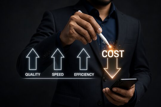 Businessman pointing at a digital chart showing increased quality speed and efficiency