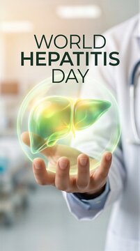 Doctor holding glowing human liver inside digital sphere for World Hepatitis Day. Medical professional demonstrating internal organ health. Awareness campaign for liver disease prevention.