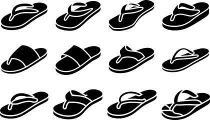 Collection of twelve diverse black flipflop and slipper icons for footwearrelated designs and summer themes © graphicssajib